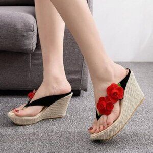 FSJ Black Cute Platform Wedge Flowers Thong Flip Flop Weave High Heel Sandal